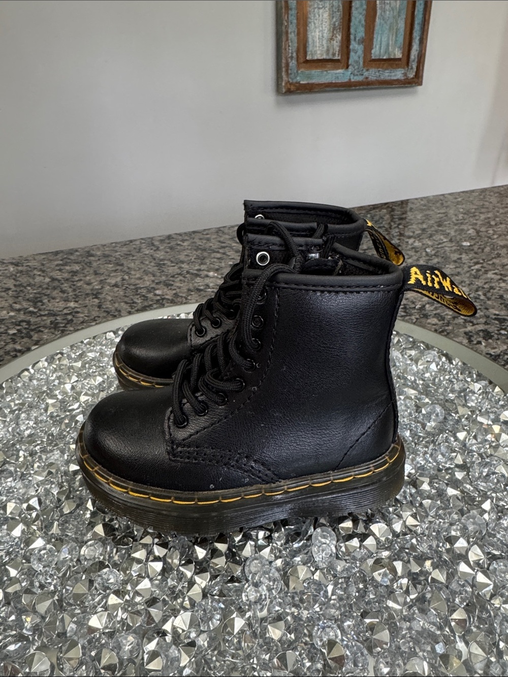 Dr. Martens Black Leather Lace-Up Boots with Yellow Accents EUC 7 toddler